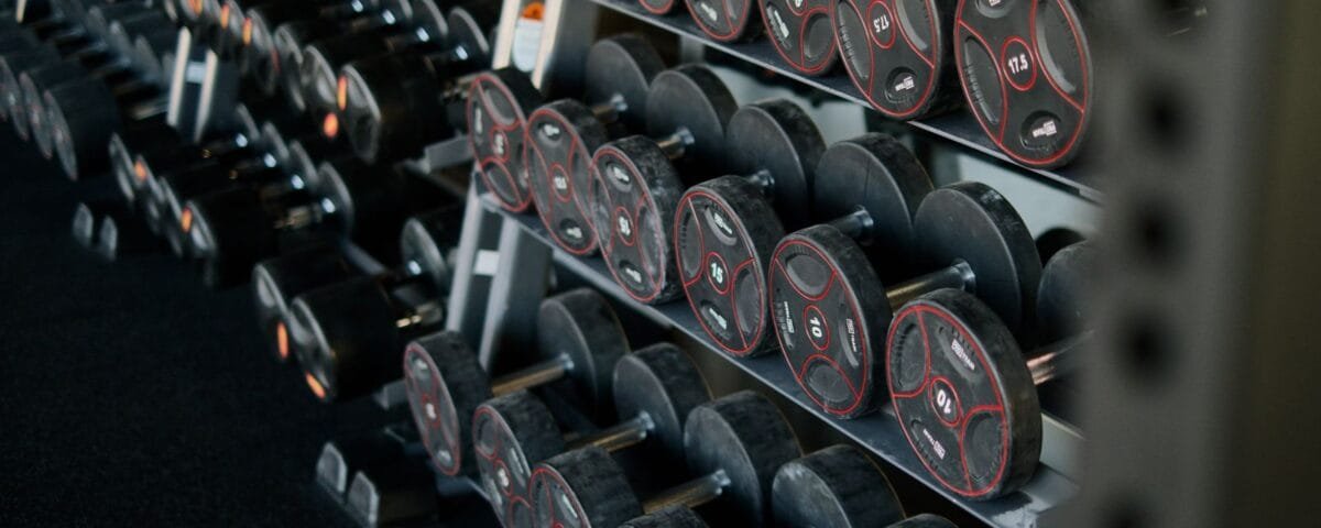 Rack of dumbbells on a gym rack at a fitness club
