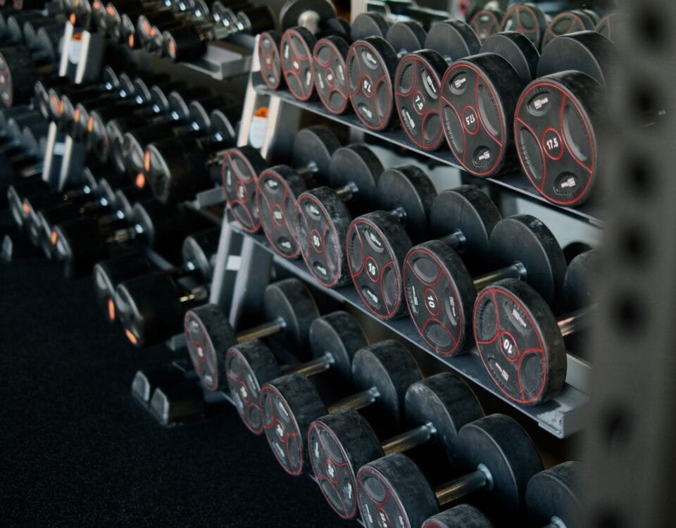 Rack of dumbbells on a gym rack at a fitness club